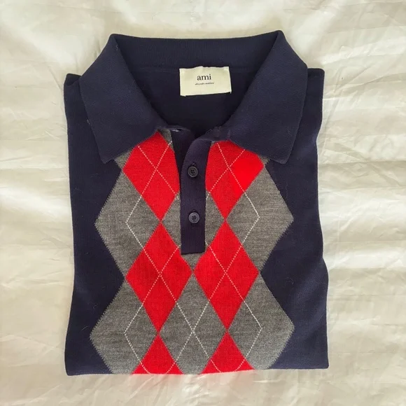 Ami Alexandre Mattiussi Navy Blue Grey Red Men’s Argyle Wool Sweater NWT Size L